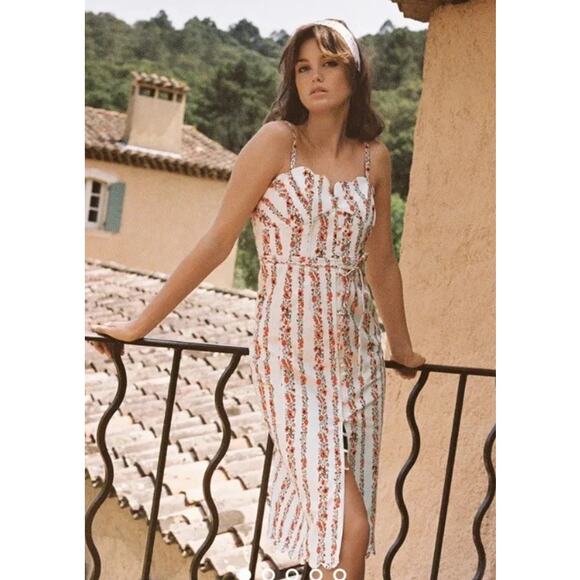 Anthropologie Dresses & Skirts - Anthropologie Slim Scalloped Corset Dress Floral Striped Belted Button Slit Midi